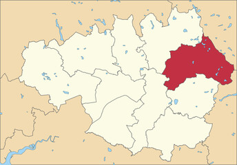 Red flat blank highlighted location map of the METROPOLITAN BOROUGH OF OLDHAM inside beige administrative local authority districts map of Greater Manchester, England