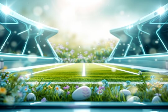 A grand football stadium, with the field in pristine condition, under a clear blue sky. Easter elements such as painted eggs and spring flowers are delicately integrated into the landscape,