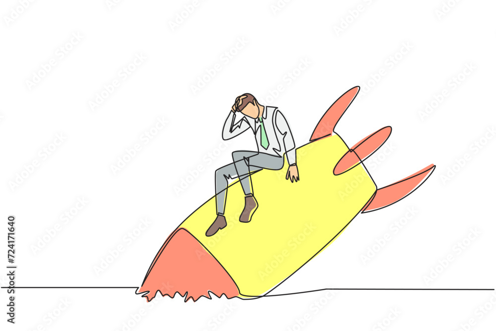Aufkleber continuous one line drawing of businessman sits downcast on a swooping rocket stranded and stuck at 