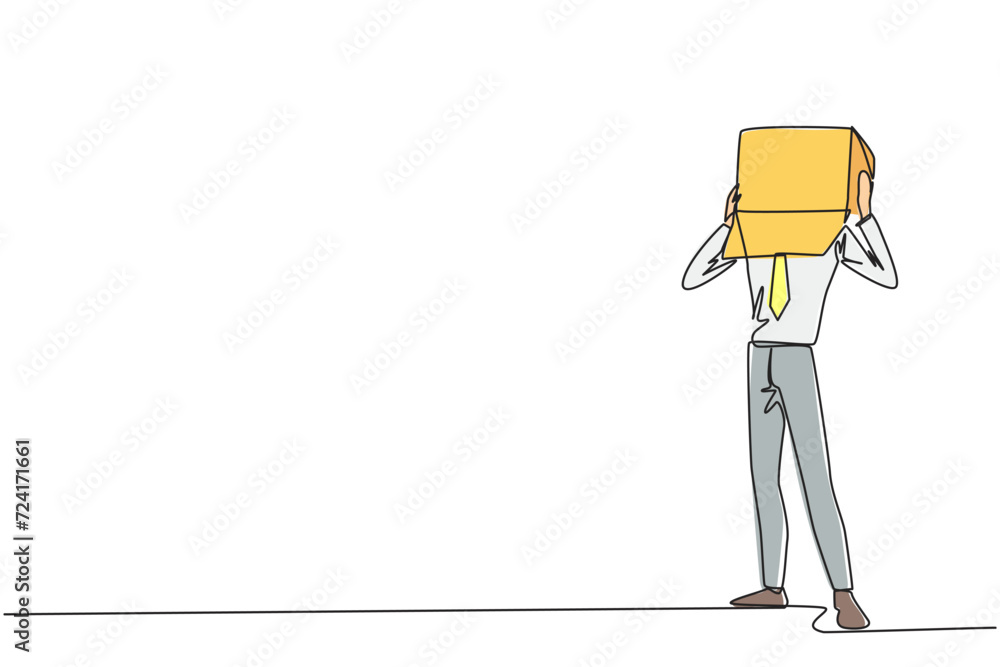 Poster continuous one line drawing of businessman stood up and covered head with cardboard. businessman who