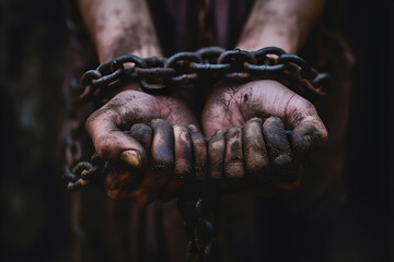 Close-up of hands tied with chains, depicting the concept of human trafficking and captivity. - obrazy, fototapety, plakaty