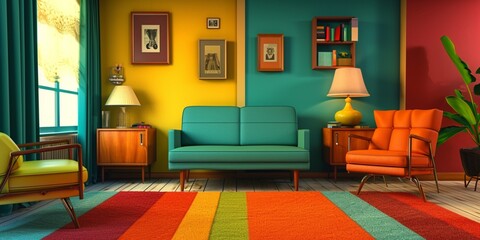 Colorful bright retro vintage living room background