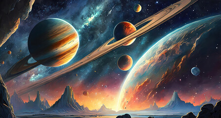 Bright Space, planets and asteroid in night sky solar system, universe and galaxy with jupiter
