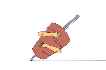 Continuous one line drawing of hands hugging kebab. Grilled meat dishes that are skewered using skewers or iron rods. Foods that have a high nutritional content. Single line design vector illustration