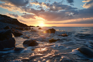 Nature's elements collide as the wind-whipped waves crash against the rugged rocks, while the sky is painted with a fiery sunset over the endless horizon of the tranquil sea
