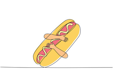 Single continuous line drawing of hands hugging hot dog. Cooked long sausages are served with buns and then topped with pieces of lettuce, tomato, onion. Fast food. One line design vector illustration
