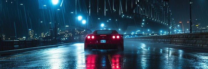 Cinematic photography of a sport car driving at night, in the rain, across the Sydney Harbour Bridge  - obrazy, fototapety, plakaty