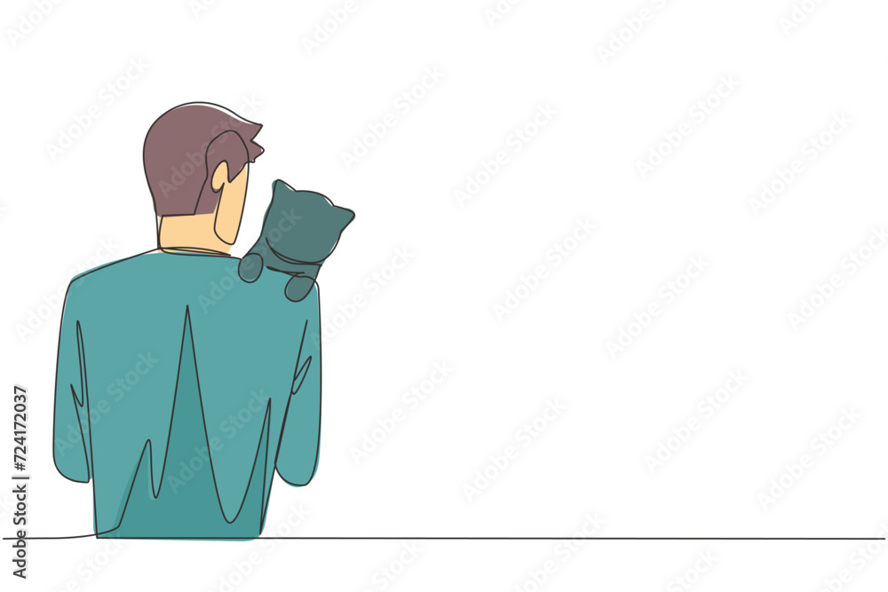 Poster continuous one line drawing of back view young man hugging cat. dusk is the perfect time to take bel