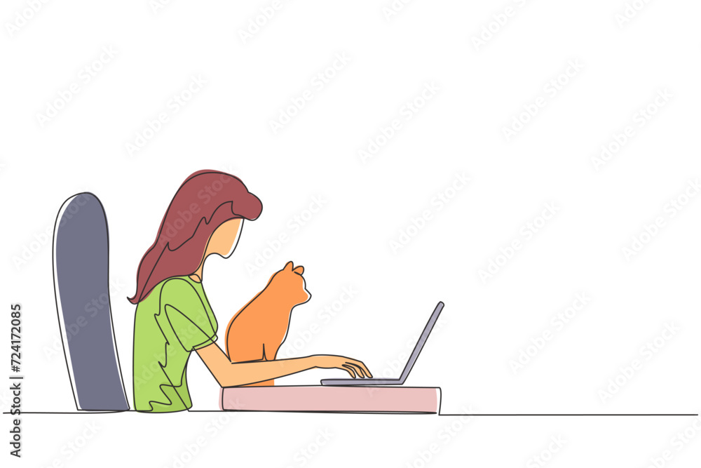 Poster single continuous line drawing of beautiful woman sitting and hugging a cat while typing on laptop. 