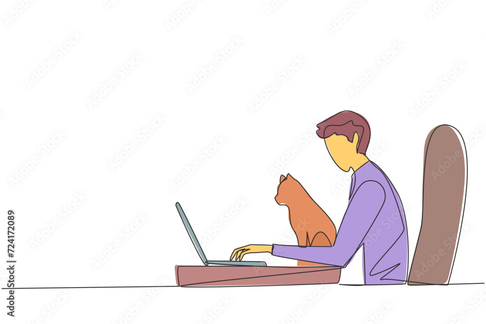 Poster continuous one line drawing of young energetic man sitting while typing on laptop computer. hugging 