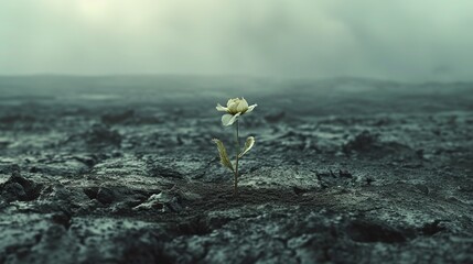 Hope in depression, a tiny blooming flower in a desolate landscape  , subdued colors, geometric style, stark contrast, simplistic design, message of resilience  - obrazy, fototapety, plakaty