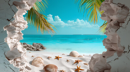 A breach in the white sand wall leading to the tropical beach. Vacation and travel concept. Digital...