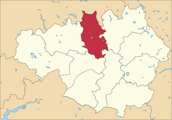 Obraz premium Red flat blank highlighted location map of the METROPOLITAN BOROUGH OF BURY inside beige administrative local authority districts map of Greater Manchester, England