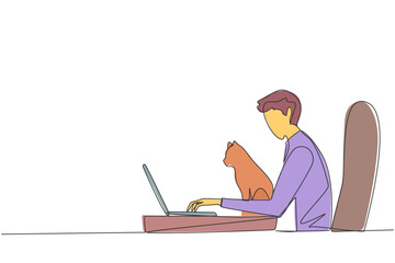 Continuous one line drawing of young energetic man sitting while typing on laptop computer. Hugging a cat while doing homework. Happy man stroking cat. Single line draw design vector illustration