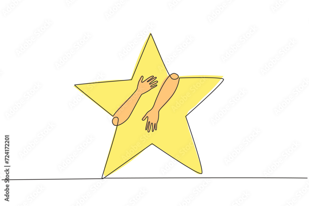 Poster continuous one line drawing of hands hugging five pointed star. successfully touching the stars mean