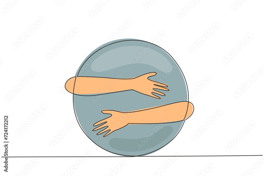 Poster single continuous line drawing of human hands hugging circle. passion in creating innovative logo. s