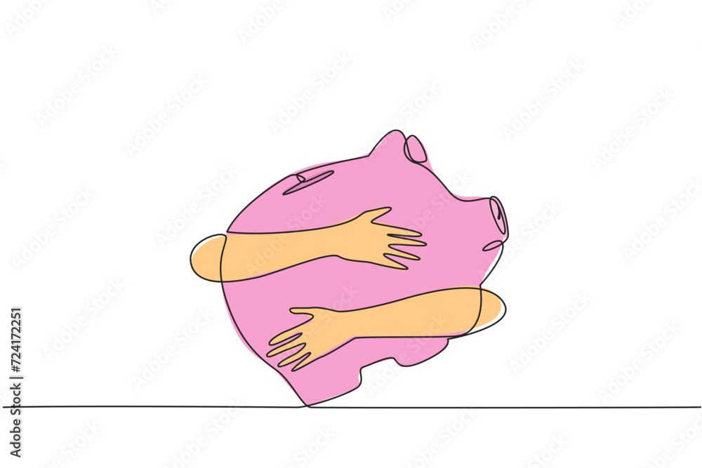 Poster continuous one line drawing of hands hugging piggy bank. saving in the present for life in the futur