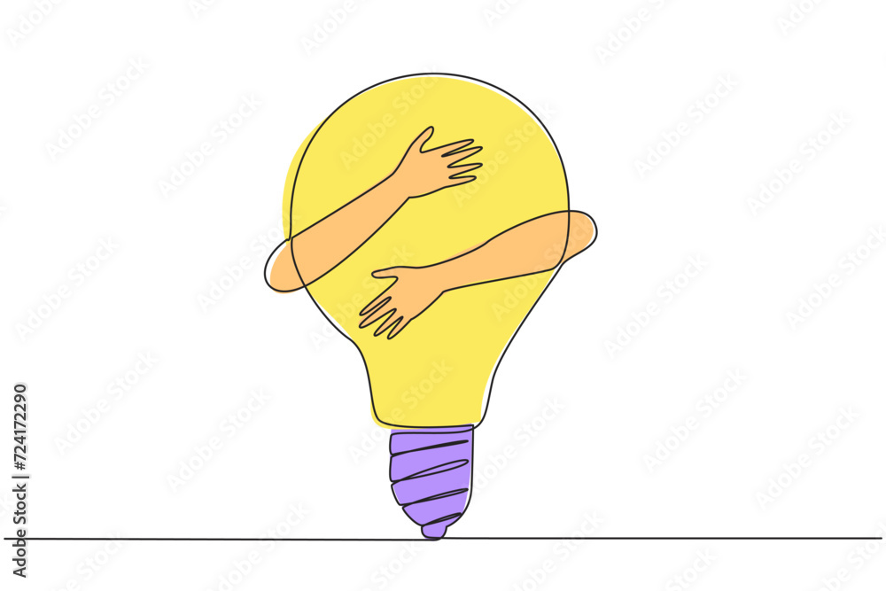 Aufkleber single continuous line drawing of hands hugging lightbulb. illustration of brilliant idea for runnin