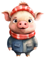 Fototapeta premium Watercolor illustration of a cute cartoon pig. Piglet, farm animals, baby animals. Simple, naive style. Transparent background, png