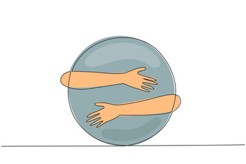Single continuous line drawing of human hands hugging circle. Passion in creating innovative logo. Shape that can be developed based on the basic circular pattern. One line design vector illustration