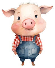 Watercolor illustration of a cute cartoon pig. Piglet, farm animals, baby animals. Simple, naive style. Transparent background, png