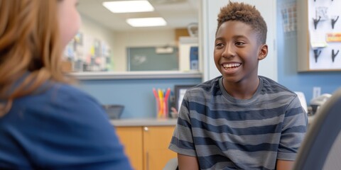 Psychologist communicating with a teenage boy in school office
