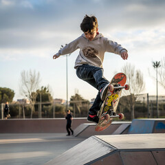 Boy doing skateboard trick in skate park