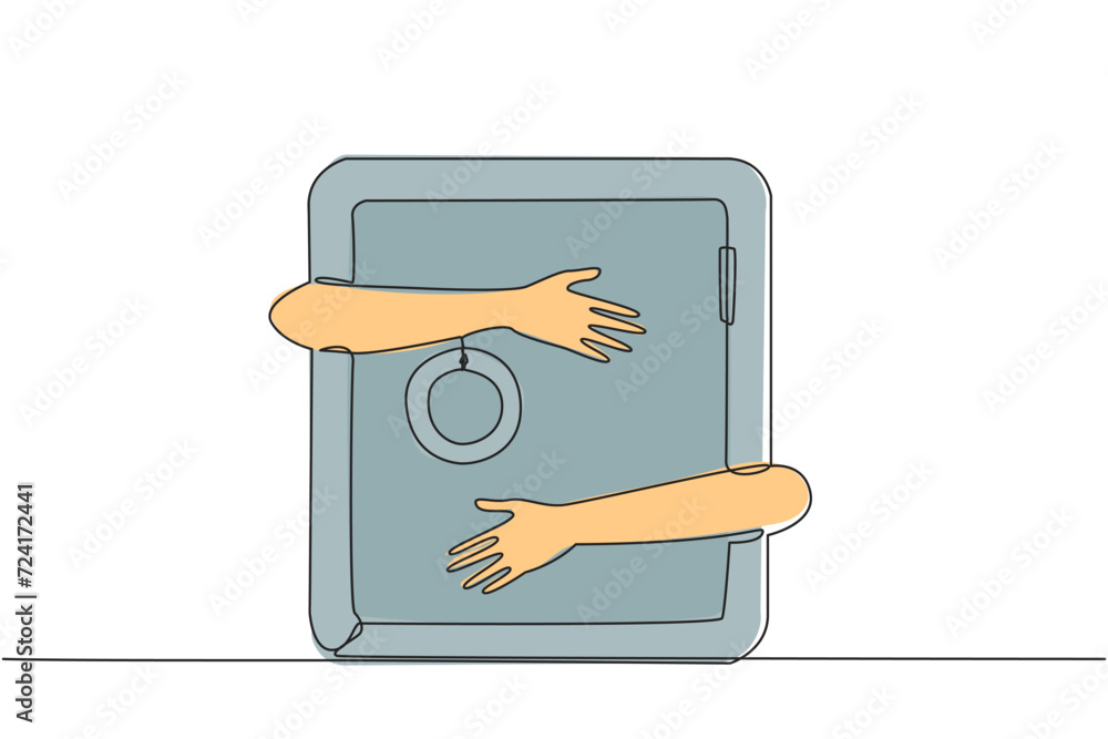 Aufkleber continuous one line drawing of hands hugging safe deposit box. a concept used to store files, money 