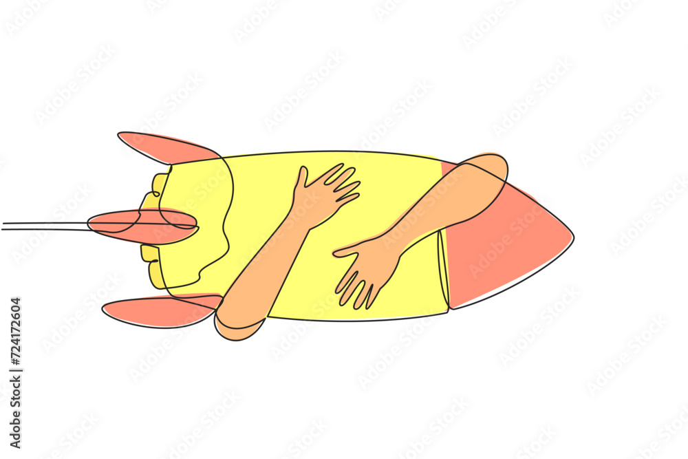Aufkleber single continuous line drawing of hands hugging flying rocket. entrepreneur starting a new business 