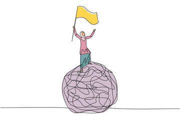 Single continuous line drawing of Arabian businesswoman standing on giant tangled circle. Raising flag on her hand. Businesswoman who manage to get out of anxiety of mind. One line design vector