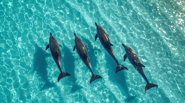 Photo of four dolphins swimming gracefully in turquoise waters.