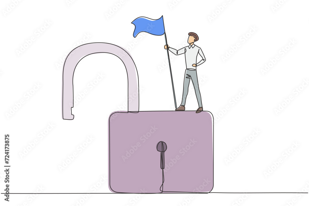 Poster single continuous line drawing young businessman standing on giant open padlock holding flag. succes