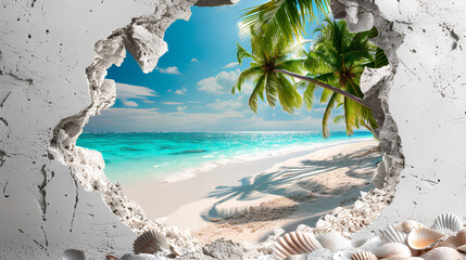 A hole in a white wall overlooking a Maldivian beach. Vacation and travel concept. Digital landscape illustration for wallpaper, poster, banner