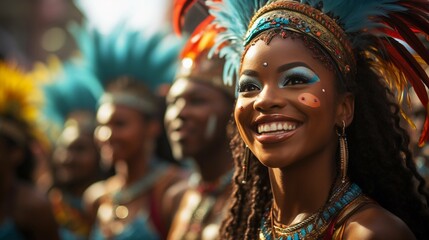 A brazilian woman smiles. Carnival day in Rio de Janeiro
