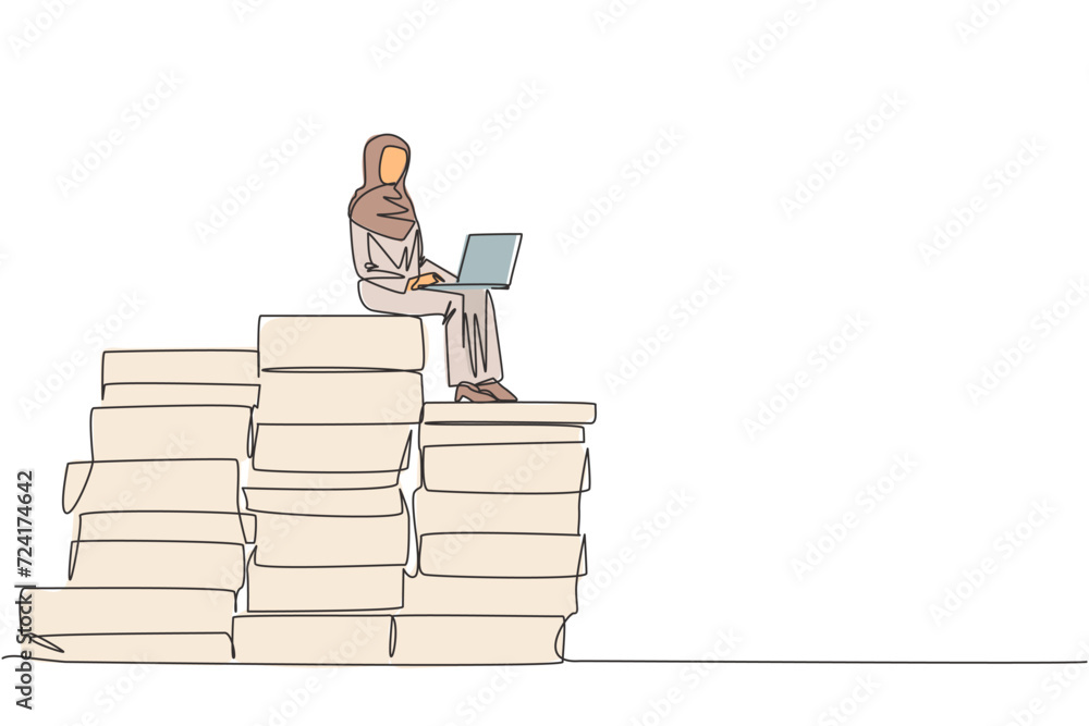 Poster single one line drawing arabian businesswoman sitting on giant piles of paper document while working