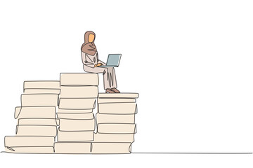 Single one line drawing Arabian businesswoman sitting on giant piles of paper document while working with laptop computer. Create work plan with lots of data. Overwork concept. Continuous line design