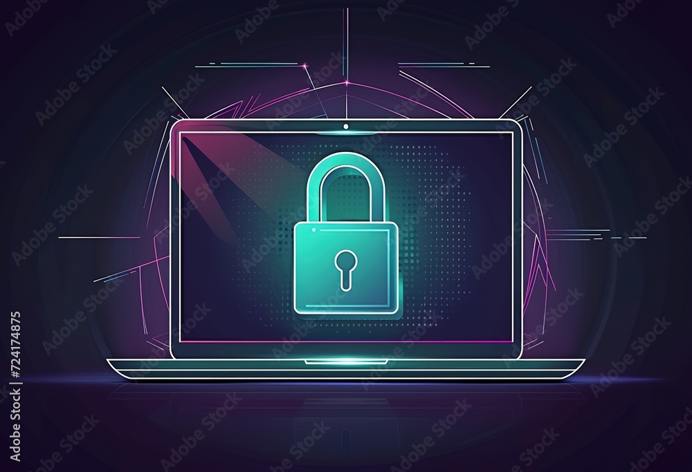 Poster futuristic cyber security concept: digital lock icon surrounded by glowing circuits illustrating dat