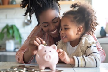 Happy mother helping daughter to put money in a piggy bank - obrazy, fototapety, plakaty