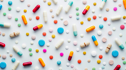 A flat surface with drugs, pills and medicines forming a pharmaceutical landscape. Visual composition of care and health with a variety of treatments available.