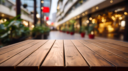 Wooden table blurred background of restaurant,  image of wooden table in front of abstract blurred background of resturant lights Empty tabletop in the coffe shop