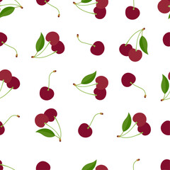 Cute cherry seamless pattern. Good for textile, wrapping, wallpapers, etc. Red cherries isolated on white background. Vector illustration.