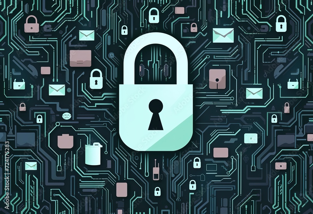 Poster futuristic cyber security concept: digital lock icon surrounded by glowing circuits illustrating dat
