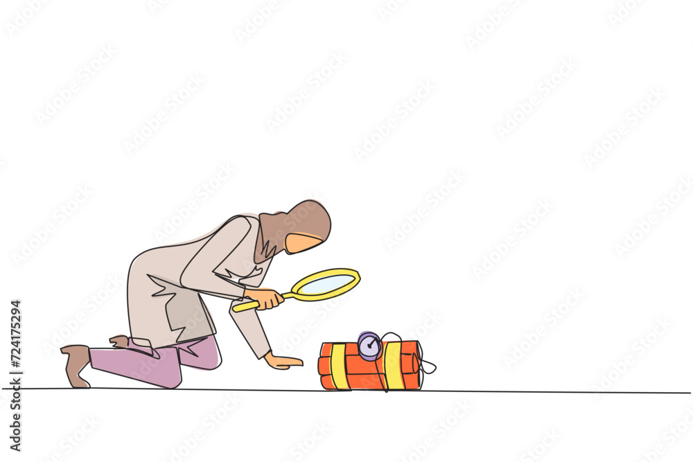Aufkleber single continuous line drawing arabian businesswoman holding magnifying glass look at dynamite has a