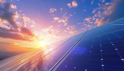 Green power generation: solar panels at sunset with beautiful sky representing sustainable energy solutions and environmental protection - obrazy, fototapety, plakaty