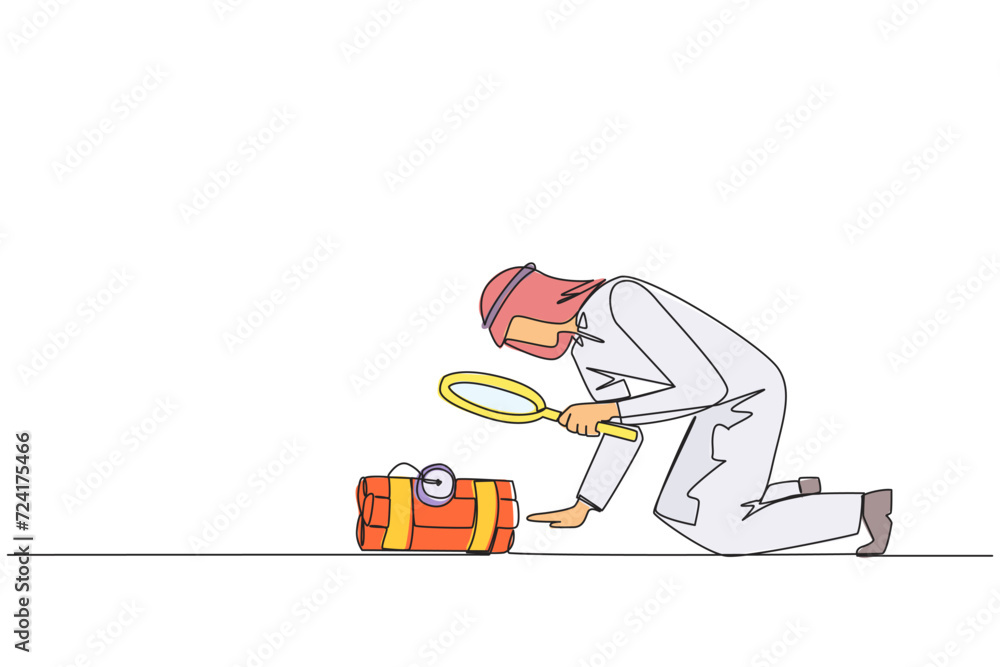 Poster single one line drawing arabian businessman holding magnifying glass look at dynamite has a clock. t
