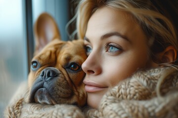 A brown-eyed woman wearing a puppy on her snout stares lovingly at her indoor dog, showcasing the bond between pet and person