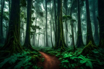 A mystical forest scene in Kerala, with tall trees partially obscured by early morning mist. The forest floor is lush and green, adding to the mystique.