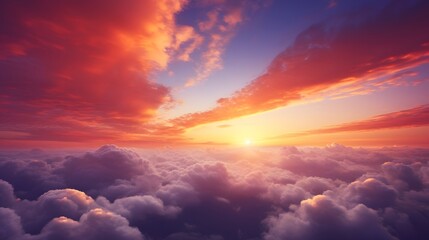 Panorama view red and purple sunset sky. Beautiful cloudscape in heaven sky. Nature background. Golden and dark fluffy clouds with sunlight. Beautiful clouds layer. Majestic sky for wallpaper. 
 - obrazy, fototapety, plakaty