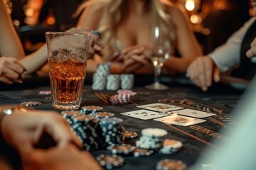In a dimly lit gambling house, a group of individuals in stylish clothing sit around a table adorned with tableware and drinkware, their hands holding glasses of alcoholic beverages as they play a ga - obrazy, fototapety, plakaty