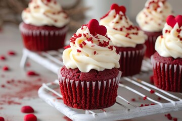 Indulge in a sweet treat with this charming red velvet cupcake adorned with a creamy white frosting, heart-shaped sprinkles, and delicate swirls of buttercream and marshmallow creme